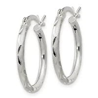 Sterling Silver Satin and Diamond-cut 2x20mm Hoop Earrings