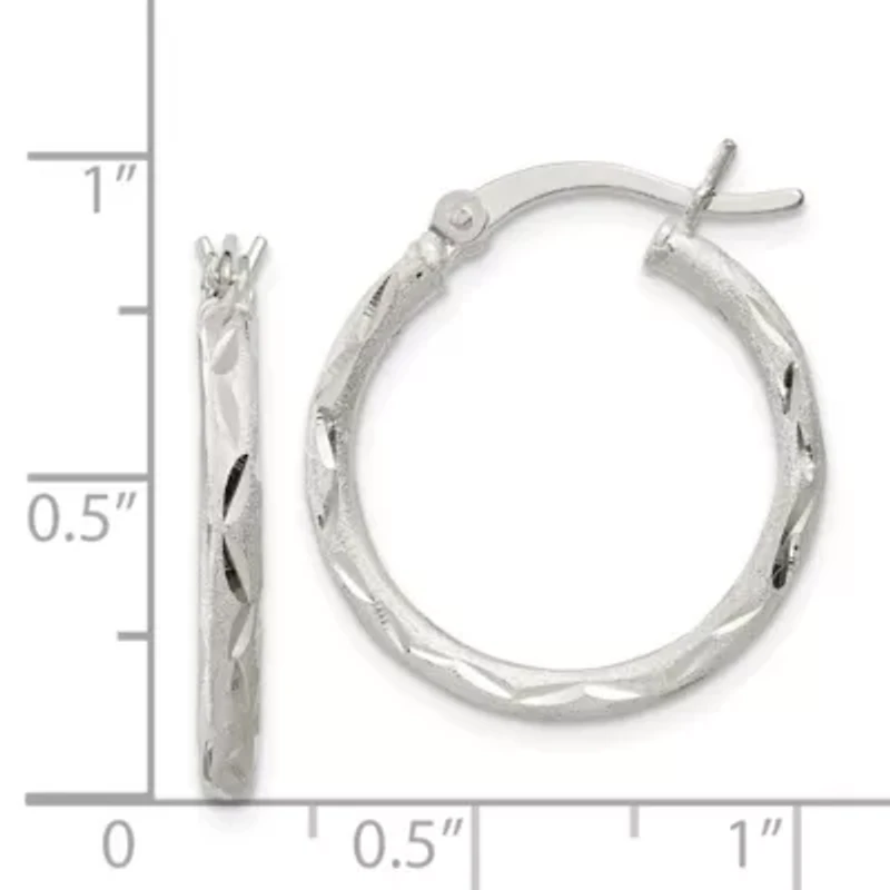 Sterling Silver Satin and Diamond-cut 2x20mm Hoop Earrings