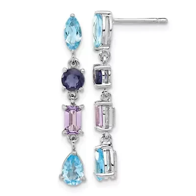 2.58 ct. t.w. Amethyst, Swiss Blue Topaz and Iolite Dangle Earrings in Rhodium-plated Sterling Silver