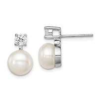 Sterling Silver Rhodium-plated 7-8mm White Freshwater Cultured Pearl Cubic Zirconia Post Earrings