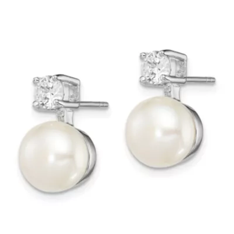 Sterling Silver Rhodium-plated 7-8mm White Freshwater Cultured Pearl Cubic Zirconia Post Earrings