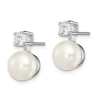 Sterling Silver Rhodium-plated 7-8mm White Freshwater Cultured Pearl Cubic Zirconia Post Earrings
