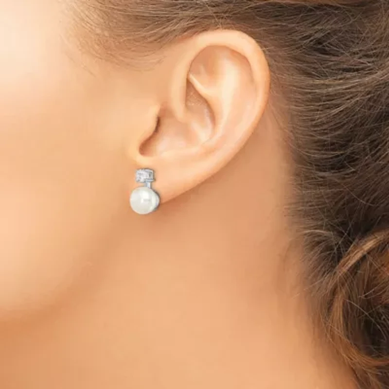 Sterling Silver Rhodium-plated 7-8mm White Freshwater Cultured Pearl Cubic Zirconia Post Earrings