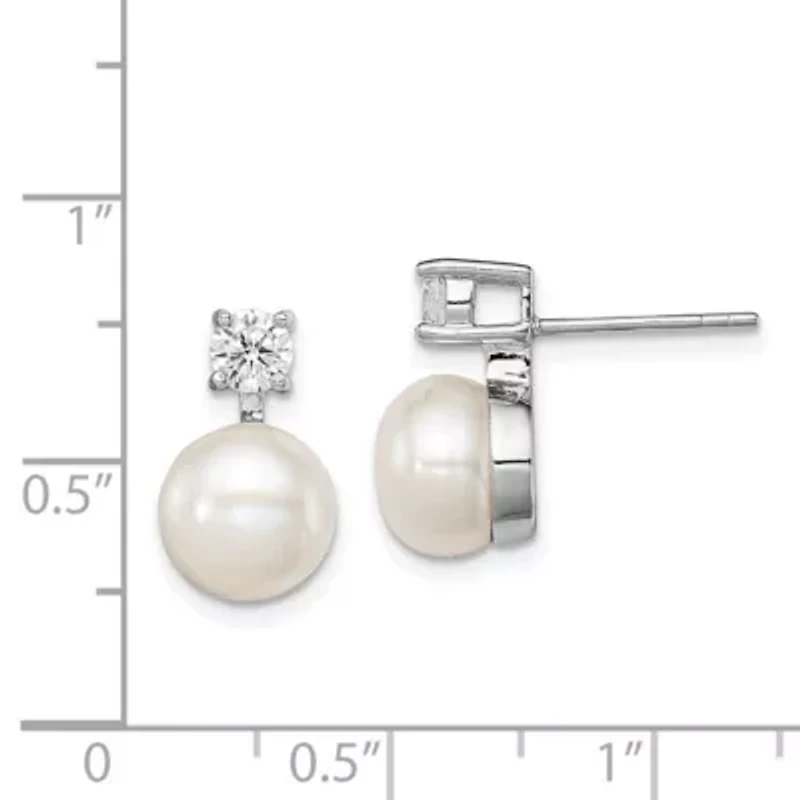 Sterling Silver Rhodium-plated 7-8mm White Freshwater Cultured Pearl Cubic Zirconia Post Earrings