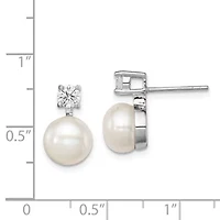 Sterling Silver Rhodium-plated 7-8mm White Freshwater Cultured Pearl Cubic Zirconia Post Earrings