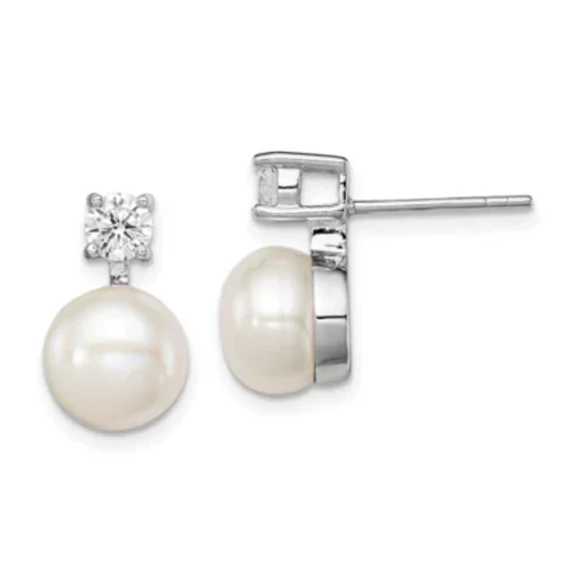 Sterling Silver Rhodium-plated 7-8mm White Freshwater Cultured Pearl Cubic Zirconia Post Earrings
