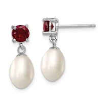 1.225 ct. t.w. Garnet and Freshwater Cultured Pearl Rhodium-plated 7-8mm Teardrop Earrings in Sterling Silver