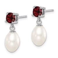 1.225 ct. t.w. Garnet and Freshwater Cultured Pearl Rhodium-plated 7-8mm Teardrop Earrings in Sterling Silver