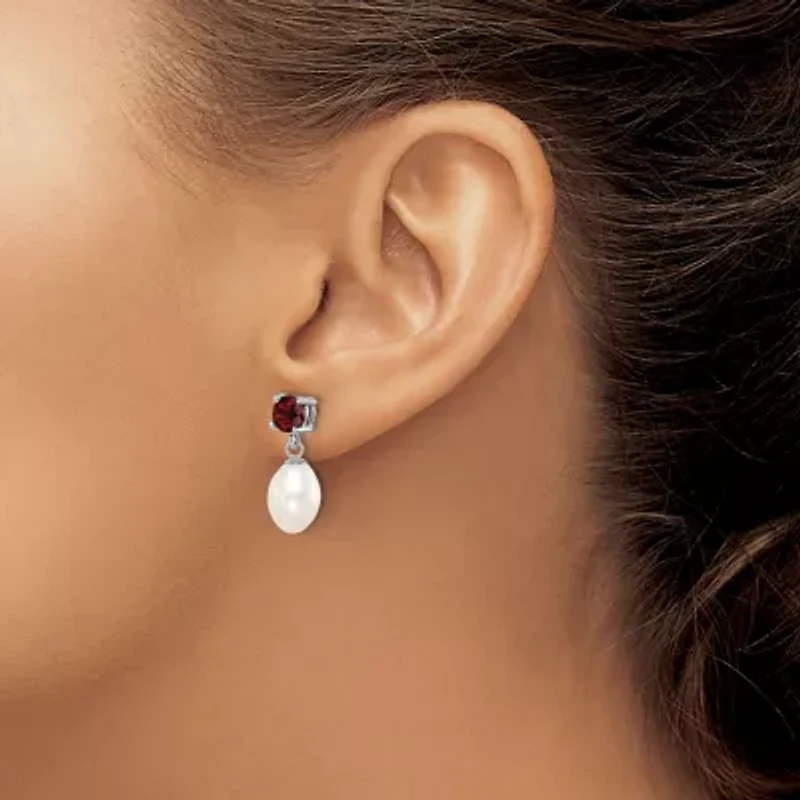 1.225 ct. t.w. Garnet and Freshwater Cultured Pearl Rhodium-plated 7-8mm Teardrop Earrings in Sterling Silver