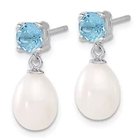 1.225 ct. t.w. Blue Topaz and Freshwater Cultured Pearl Rhodium-plated 7-8mm Teardrop Earrings in Sterling Silver