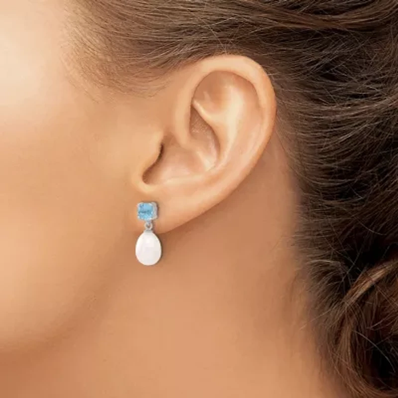 1.225 ct. t.w. Blue Topaz and Freshwater Cultured Pearl Rhodium-plated 7-8mm Teardrop Earrings in Sterling Silver