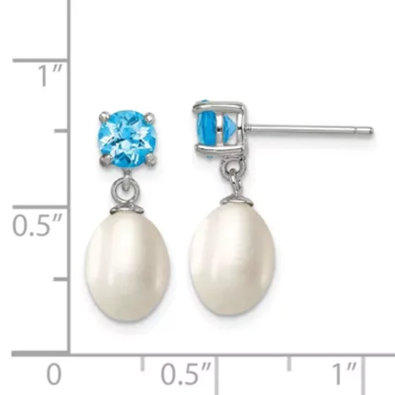 1.225 ct. t.w. Blue Topaz and Freshwater Cultured Pearl Rhodium-plated 7-8mm Teardrop Earrings in Sterling Silver