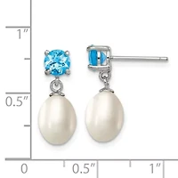 1.225 ct. t.w. Blue Topaz and Freshwater Cultured Pearl Rhodium-plated 7-8mm Teardrop Earrings in Sterling Silver
