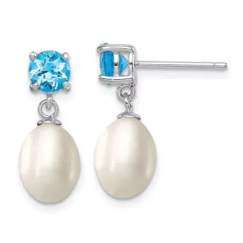 1.225 ct. t.w. Blue Topaz and Freshwater Cultured Pearl Rhodium-plated 7-8mm Teardrop Earrings in Sterling Silver