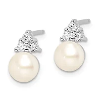 Sterling Silver Rhodium-plated 6-7mm White Freshwater Cultured Pearl Cubic Zirconia Post Earrings