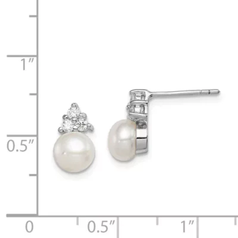 Sterling Silver Rhodium-plated 6-7mm White Freshwater Cultured Pearl Cubic Zirconia Post Earrings