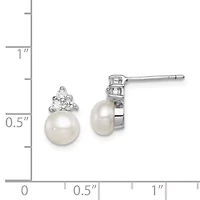 Sterling Silver Rhodium-plated 6-7mm White Freshwater Cultured Pearl Cubic Zirconia Post Earrings
