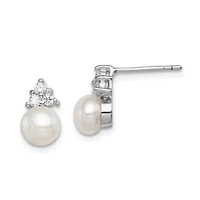 Sterling Silver Rhodium-plated 6-7mm White Freshwater Cultured Pearl Cubic Zirconia Post Earrings