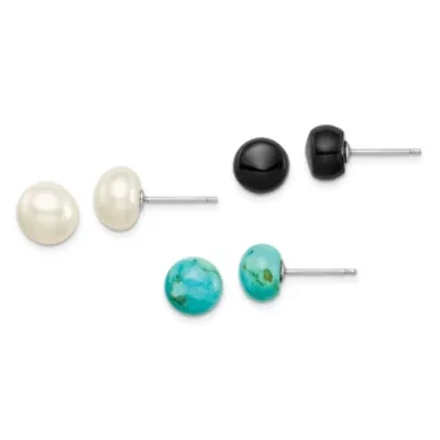 Sterling Silver 8-8.5mm Button Freshwater Cultured Pearl / Stab. Turquoise / Black Agate Earrings Set