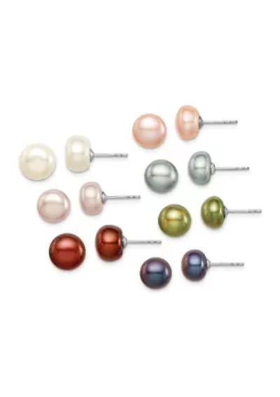 Sterling Silver Rhodium-plated 7 Pairs 8-9mm Freshwater Cultured Pearl Stud Earrings Set