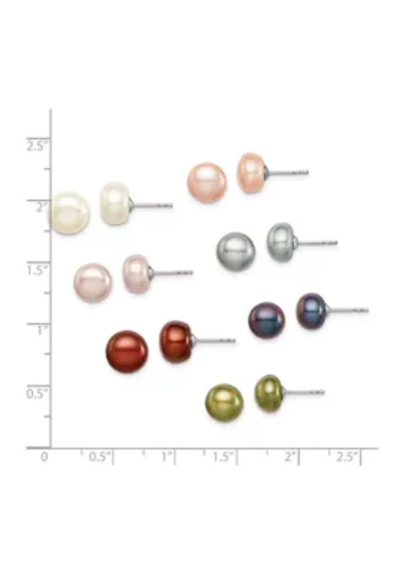 Sterling Silver Rhodium-plated 7 Pairs 8-9mm Freshwater Cultured Pearl Stud Earrings Set