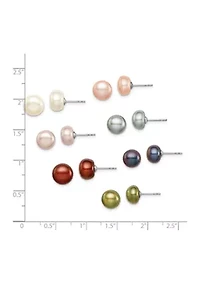 Sterling Silver Rhodium-plated 7 Pairs 8-9mm Freshwater Cultured Pearl Stud Earrings Set