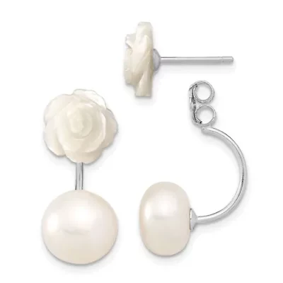 Sterling Silver Rhodium-plated 8-9mm Freshwater Cultured Pearl/MOP Flower Front/Back Earrings