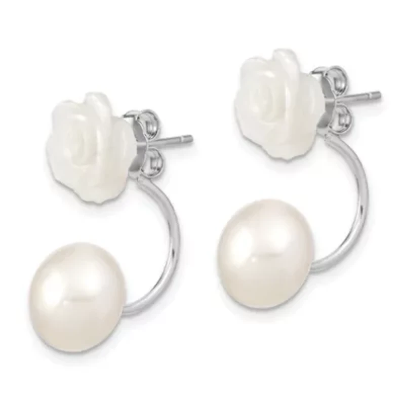 Sterling Silver Rhodium-plated 8-9mm Freshwater Cultured Pearl/MOP Flower Front/Back Earrings