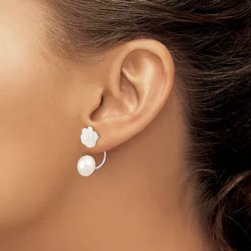 Sterling Silver Rhodium-plated 8-9mm Freshwater Cultured Pearl/MOP Flower Front/Back Earrings