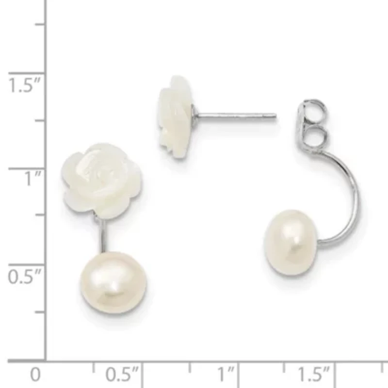 Sterling Silver Rhodium-plated 8-9mm Freshwater Cultured Pearl/MOP Flower Front/Back Earrings