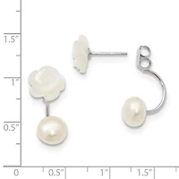Sterling Silver Rhodium-plated 8-9mm Freshwater Cultured Pearl/MOP Flower Front/Back Earrings