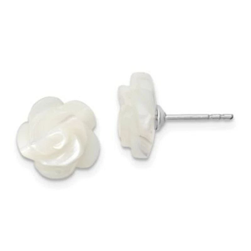 Sterling Silver Rhodium-plated 10mm White Mother of Pearl Flower Earrings