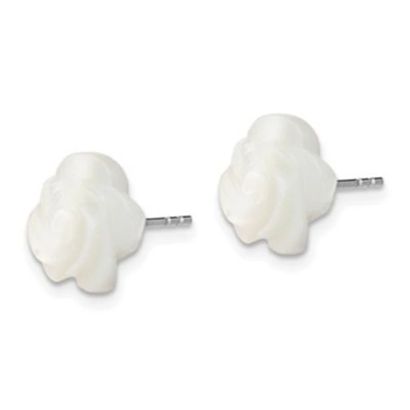 Sterling Silver Rhodium-plated 10mm White Mother of Pearl Flower Earrings