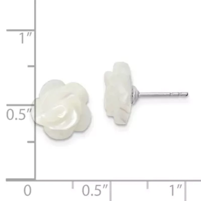 Sterling Silver Rhodium-plated 10mm White Mother of Pearl Flower Earrings