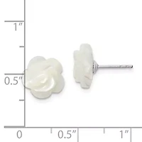Sterling Silver Rhodium-plated 10mm White Mother of Pearl Flower Earrings