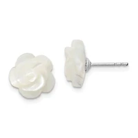Sterling Silver Rhodium-plated 10mm White Mother of Pearl Flower Earrings