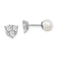 Sterling Silver Rhodium-plated Cubic Zirconia/Imitation Shell Pearl Front/Back Earrings
