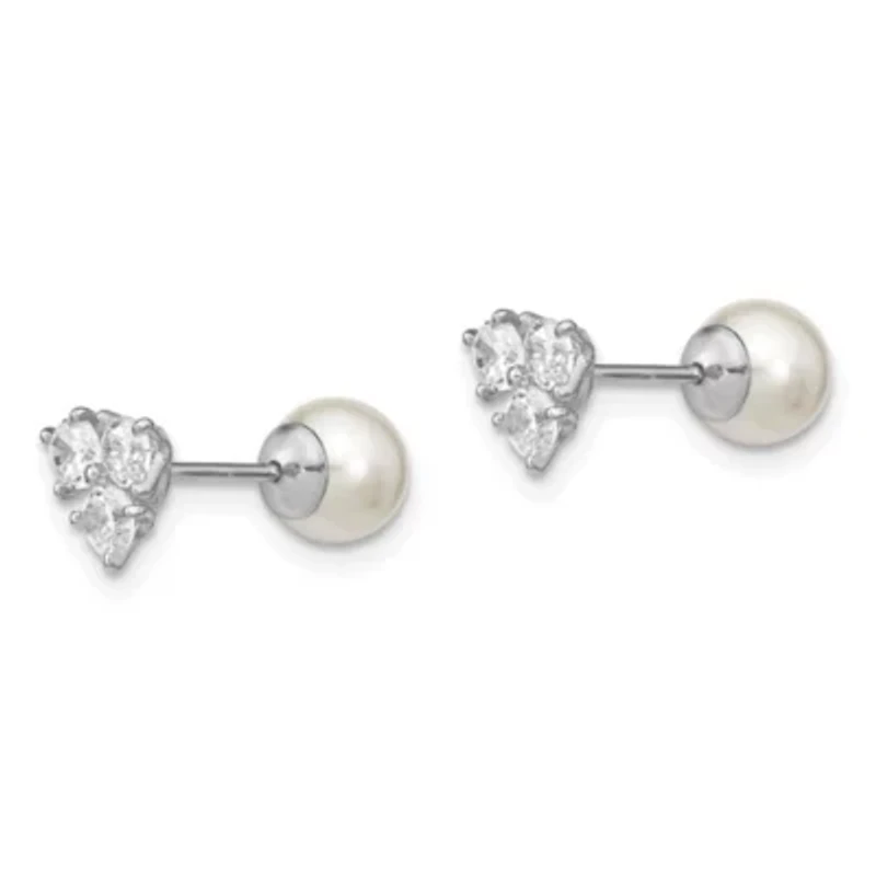 Sterling Silver Rhodium-plated Cubic Zirconia/Imitation Shell Pearl Front/Back Earrings