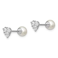 Sterling Silver Rhodium-plated Cubic Zirconia/Imitation Shell Pearl Front/Back Earrings