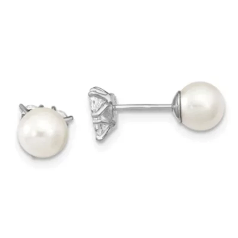 Sterling Silver Rhodium-plated Cubic Zirconia/Imitation Shell Pearl Front/Back Earrings