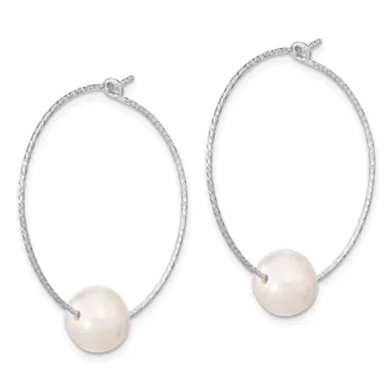 Sterling Silver Rhodium-plated 8-9mm White Round Freshwater Cultured Pearl Hoop Earrings