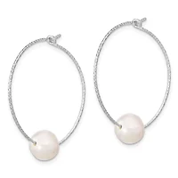 Sterling Silver Rhodium-plated 8-9mm White Round Freshwater Cultured Pearl Hoop Earrings