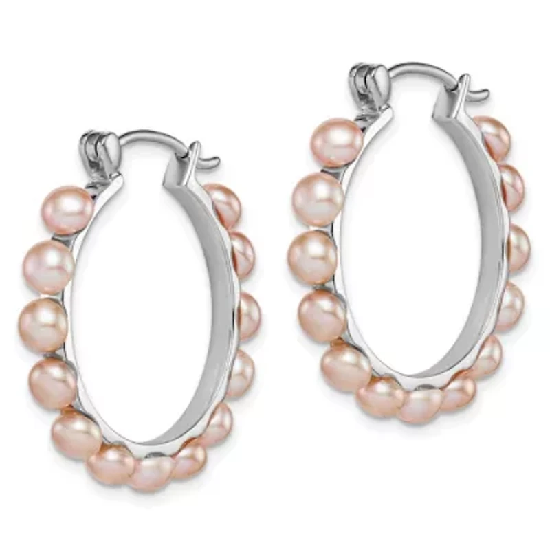 Sterling Silver Rhodium-plated 4-5mm Pink Freshwater Cultured Pearl Hoop Earrings