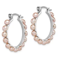 Sterling Silver Rhodium-plated 4-5mm Pink Freshwater Cultured Pearl Hoop Earrings