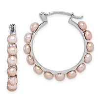Sterling Silver Rhodium-plated 4-5mm Pink Freshwater Cultured Pearl Hoop Earrings