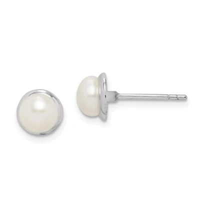 Sterling Silver Rhodium-plated 6-7mm White Button Freshwater Cultured Pearl Earrings
