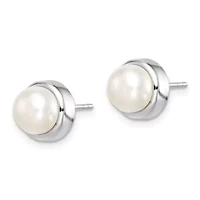 sterling Silver Rhodium-plated 7-8mm White Button Freshwater Cultured Pearl Earrings