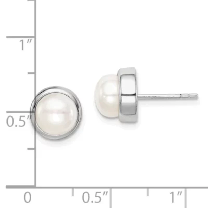 sterling Silver Rhodium-plated 7-8mm White Button Freshwater Cultured Pearl Earrings