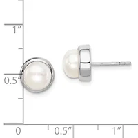 sterling Silver Rhodium-plated 7-8mm White Button Freshwater Cultured Pearl Earrings