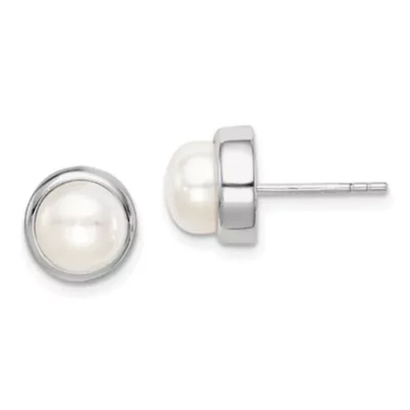 sterling Silver Rhodium-plated 7-8mm White Button Freshwater Cultured Pearl Earrings